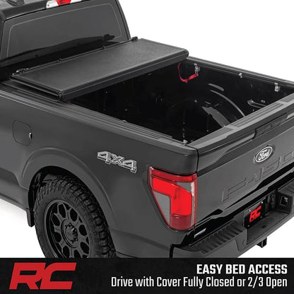 Rough Country Hard Low Profile Tri-Fold Tonneau Cover for Ford F-150 (2021–2026) & F-150 Lightning (2022–2026) – Aluminum Truck Bed Cover