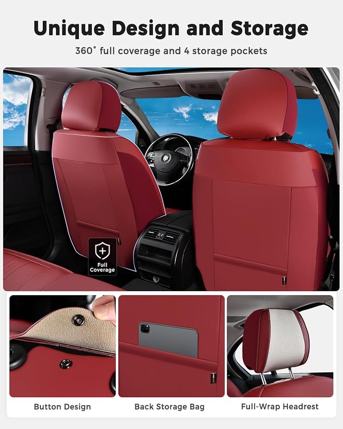 Huidasource Car Seat Cover, Luxury Faux Leather Seat Covers for Cars, Velcro Adjustable, with Airbags, Child Seat, Perforation Cooling＆Heating, Universal Fit for Most Cars Vans Trucks SUVs, Red＆White