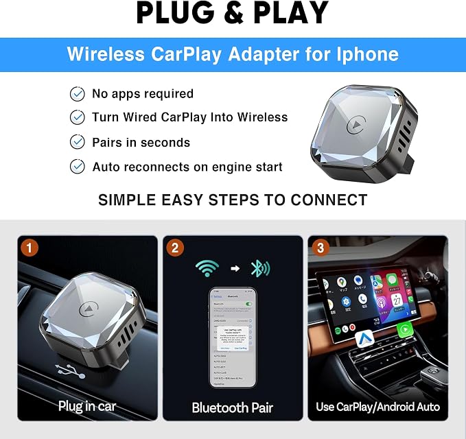 Wireless CarPlay Adapter for iPhone (2026 Upgraded), Mini Plug & Play for Cars with Factory Wired Apple CarPlay, Fast & Stable Connection, Easy Setup, Wide Vehicle Compatibility USB & USB C (Black)