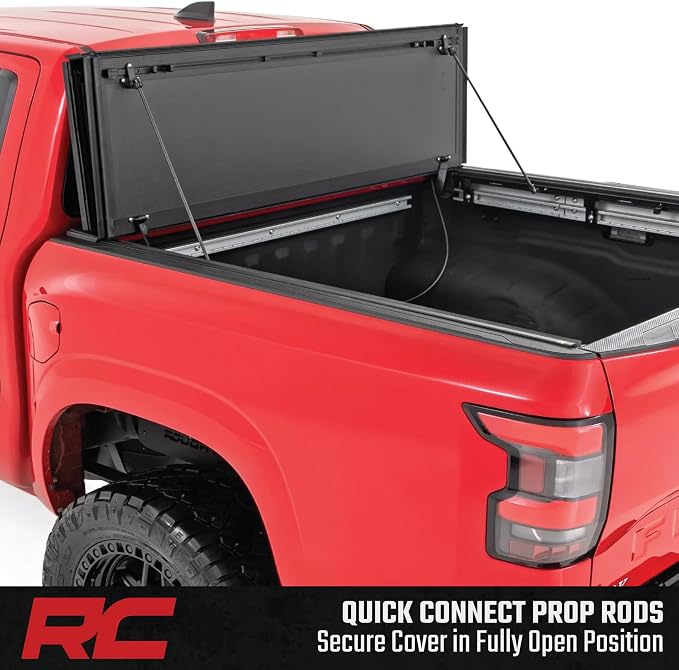 Rough Country Hard Tri-Fold Flip Up Truck Bed Tonneau Cover for Nissan Frontier (2022-2025) - Fits 5' (58.9-59.5") Bed, All-Weather, Flush Aluminum Panels