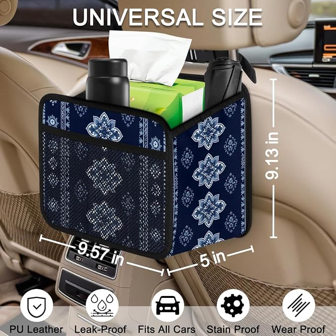 Car Backseat Organizer, PU Leather Back of Seat Cars Hanging Organizer with Pockets Leakproof Car Garbage Bags Hanging Car Seat Storage Box Travel Accessories Foldable (Tribal-floral Vintage Blue)
