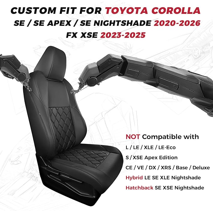 FREESOO for Toyota Corolla Seat Covers 2020-2026 SE/SE Apex Nightshade & 2023-2025 XSE & 2025 FX, Custom Car Seat Covers, Leather Car Seat Cover, Waterproof Seat Covers for Cars, Black Full Set