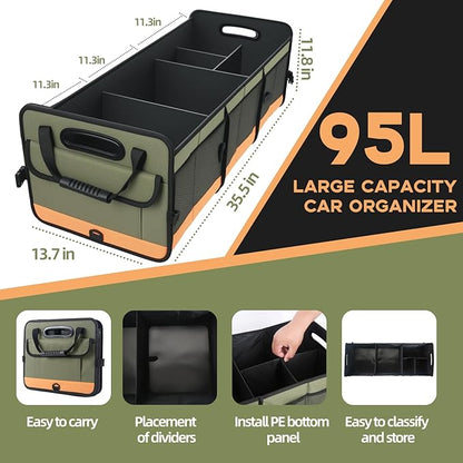 Trunk Organizer for Suv, Sturdy Storage Organization with Non-Slip Bottom Strips, 95L Large Capacity Cargo Organizer for Car, Truck, Sedan, Waterproof Portable Car Organizers for Women Men(Green)