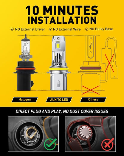 AUXITO 9007 Light Bulbs, 6500K Cool White 40000LM Per Set, HB5 Halogen Raplacement Fog Lights with Fan, Wireless Plug and Play, Canbus Ready, Pack of 2