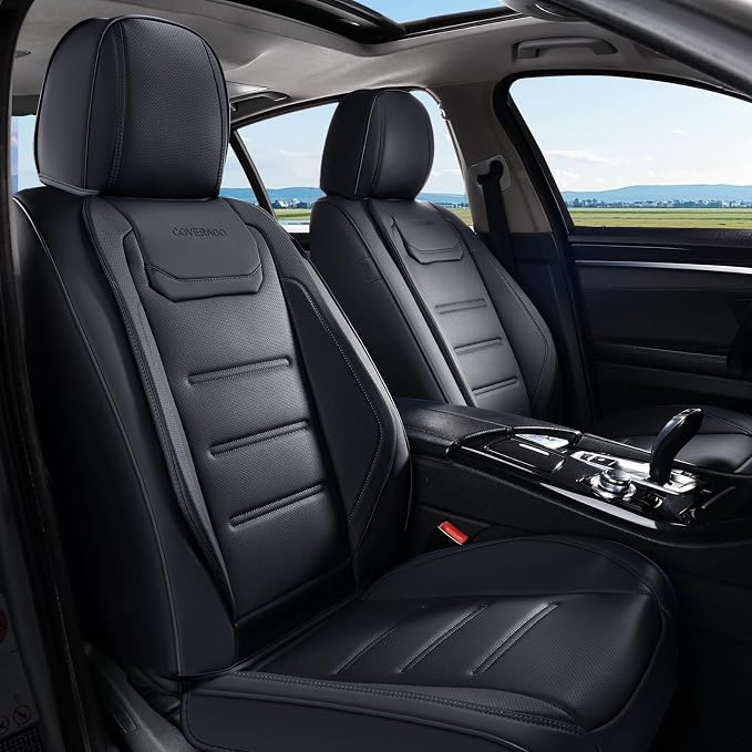 Coverado Car Seat Covers, Front Covers for Cars, Car Seat Cover Front Seats, Car Seat Protector Waterproof, Leather Car Seat Cushion, Universal Interior Covers Seat Protectors for Most Cars Black