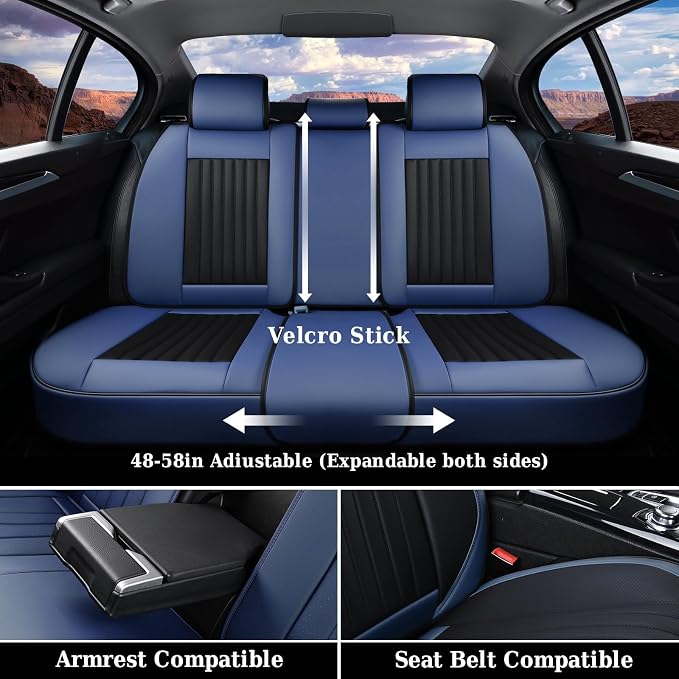 Coverado Car Seat Covers Full Set, Car Seat Protector Car Seat Cushion, Nappa Leather Seat Covers for Cars, Front and Back Seat Protectors Cushions Universal Fit for Most Cars Vehicles(Blue&Black)