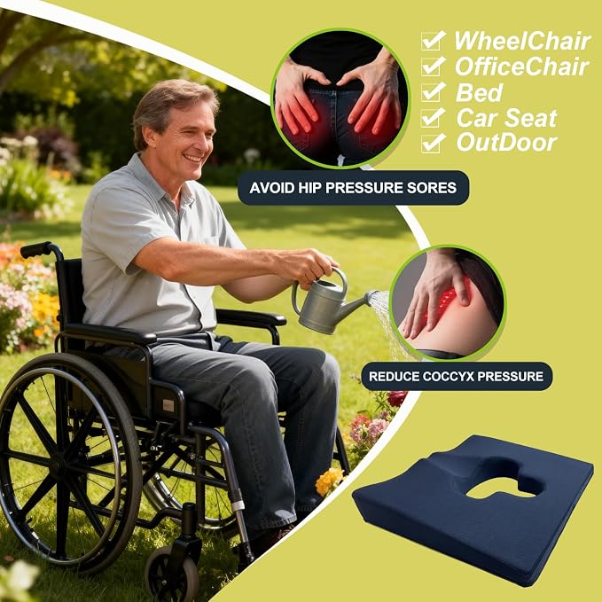 Gel Wheelchair Seat Cushion,Bed Sore Cushions for Butt,hemorrhoid pillow for Chair,Pressure Sore cushion,Memory Foam Butt Pillow,Sciatica,Coccyx,Pressure Ulcer Pain Relief,Washable Cover(Blue)