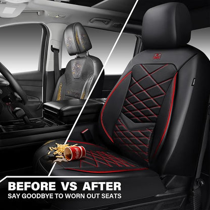 CAR PASS Luxury Nappa Leather Front Seat Covers, Water Resistant 3D Foam Seat Covers with Lumbar Support, Breathable Auto Seat Cover Airbag Compatible Universal Fit for Sedan SUV Van Truck, Black Red