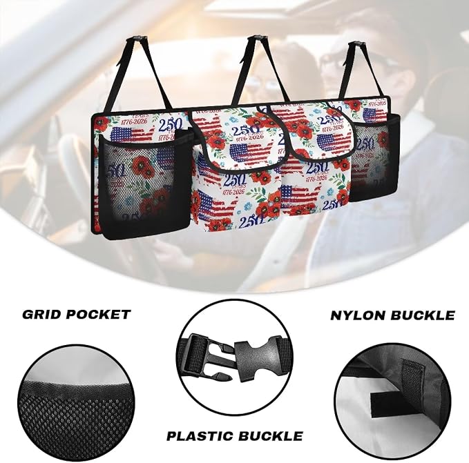 250 Years Trunk Storage Organizer Backseat Hanging Storage Bag with 4 Pockets & 3 Adjustable Straps Adjustable & Waterproof Car Interior Accessories for Most Cars