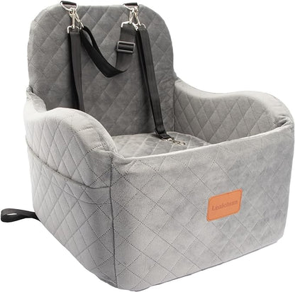 Lealchum Dog Booster Car Seat for Small/Medium Dogs Up to 35lbs,Ultra Soft Fabric Covered,6in Elevated Cushion,Fully Detachable and Washable,3 Straps & 2 Pockets,Easy to Install(Grey,Medium)