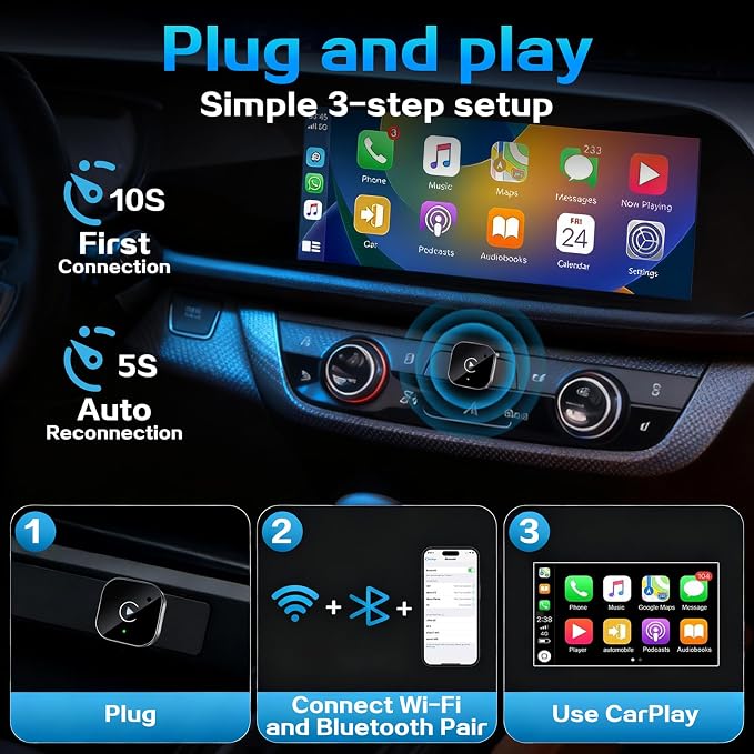 Mini Wireless CarPlay Adapter for iPhone, 2-in-1 for Apple CarPlay & Android Auto Adapter, Convert Wired to Wireless, Plug & Play, Auto Connect, USB to Type-C, No Delay, for iOS 10+ & Android 11+