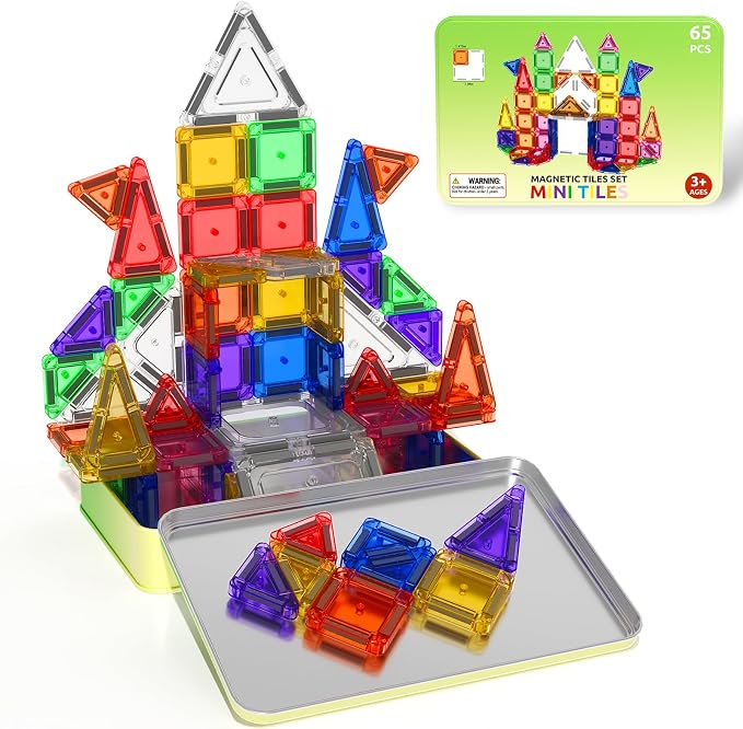 ORZbb 65PCS Mini Magnetic Tiles Toddler Travel Essentials Set with Case, Magnetic Building Blocks Sensory Montessori Preschool Learning Toys Gifts for 3-8 Year Old Boys Girls