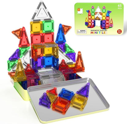 ORZbb 65PCS Mini Magnetic Tiles Toddler Travel Essentials Set with Case, Magnetic Building Blocks Sensory Montessori Preschool Learning Toys Gifts for 3-8 Year Old Boys Girls