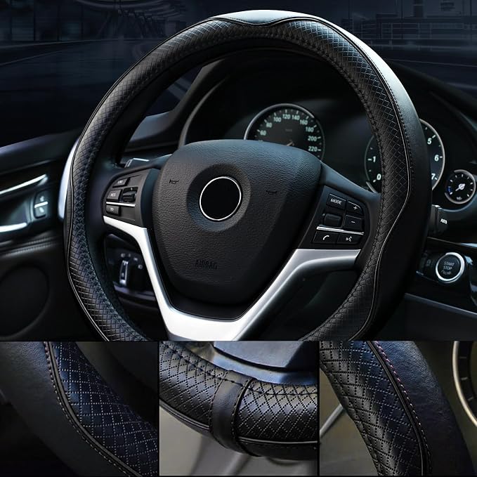 Valleycomfy Steering Wheel Covers Universal 15.75 inch - Genuine Leather, Breathable, Anti Slip & Odor Free (Black with Black Lines, L(15" 1/2-16"))