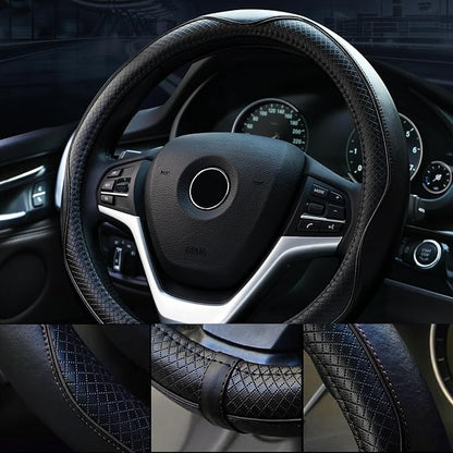Valleycomfy Steering Wheel Covers Universal 15.75 inch - Genuine Leather, Breathable, Anti Slip & Odor Free (Black with Black Lines, L(15" 1/2-16"))