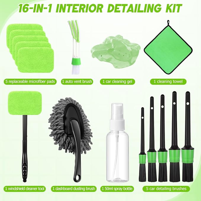 16 Pcs Windshield Cleaner Tool, Car Cleaning Kit with Various Detailing Brushes Set Spray Bottle Cleaner Towel Cleaning Gel Accessories Car Interior Detailing Kit for Windows Vents(Green)