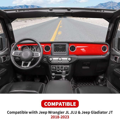 for JL Dashboard Decorative Panel Cover, Center Console Trim Cover Kit Compatible with 2018-2023 Jeep Wrangler JL JLU & Jeep Gladiator JT(Red)