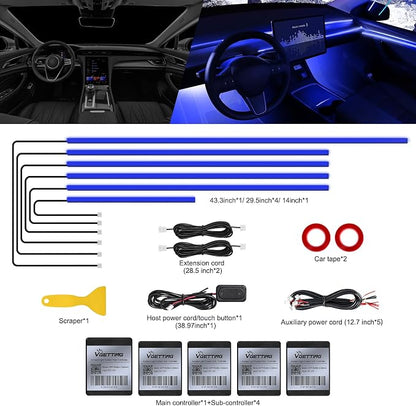 RGB Acrylic Interior Car LED Strip Light with Wireless APP, Car Accessories 6 in 1 with 175 inches 593 LEDs Fiber Optic Ambient Lighting Kits, Dynamic Music Sync Neon LED Strip Light for Car
