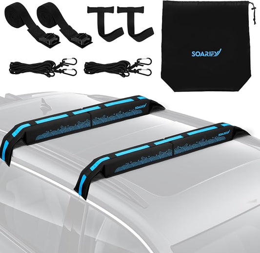 Universal Car Soft Roof Rack，Roof Pads Luggage Carrier for Kayak, Surfboard SUP, Canoe Include Storage Bag, 2 Quick Loop Strap, 2 Tie Down Rope, and 2 Heavy Duty Tie Down Straps