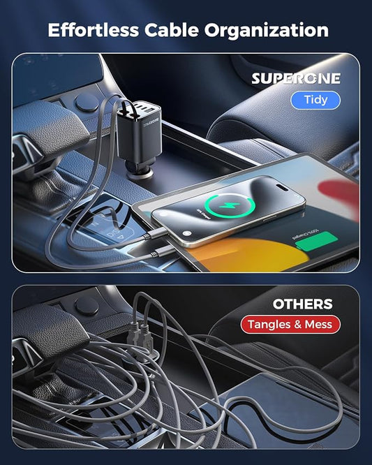 Retractable Car Charger, SUPERONE 99W Car Phone Charger with Cables Fast Charging, USB C Car Charger Adapter for iPhone 17 16 15 14 13 12, Samsung, Black
