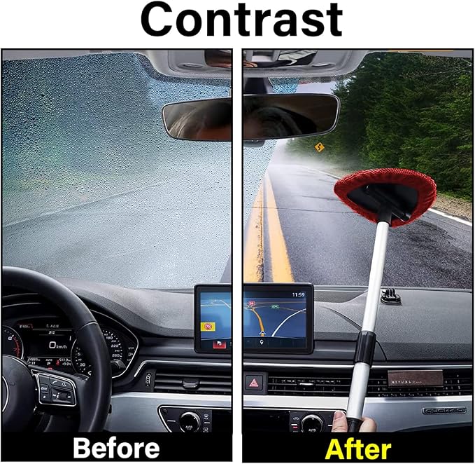 Windshield Cleaning Tool, Car Window Cleaner with 4 Washable Reusable Microfiber Pads, Extendable Long Handle Glass Wiper Cleaning Kit, Auto Accessories Universal for Office and Home (Red)