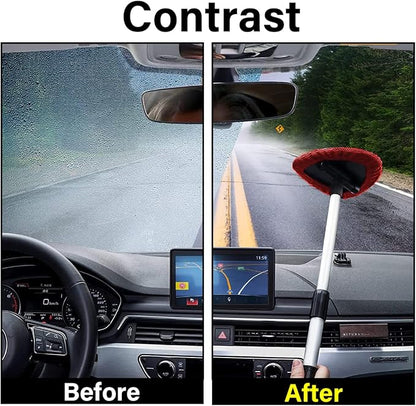 Windshield Cleaning Tool, Car Window Cleaner with 4 Washable Reusable Microfiber Pads, Extendable Long Handle Glass Wiper Cleaning Kit, Auto Accessories Universal for Office and Home (Red)
