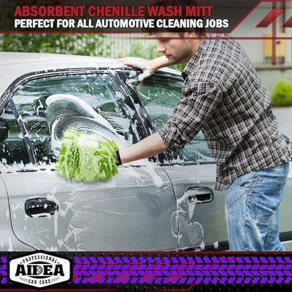 AIDEA Car Wash Mitt Microfiber, 4PK Scratch Free Lint-Free, Premium Chenille Microfiber Mitt Car Wash Brush, Green, Regular Size 7.12''X10.14''