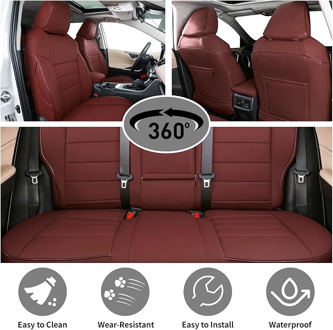EKR Rav4 Seat Covers Custom Fit for Toyota Rav4(Gasoline) 2019 2020 2021 2022 2023 2024 2025 LE/XLE/XLE Premium/Limited,Leather Car Seat Cover Full Set for SUV,Faux Leather(Burgundy)