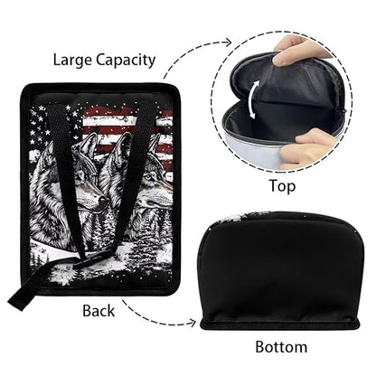 Talayituse Wolf American Flag Print Car Trash Bin, Large Size Auto Trash Can Adjustable Portable Garbage Can with Lid, Vehicle Hanging Bag for Headrest Front Back Seat