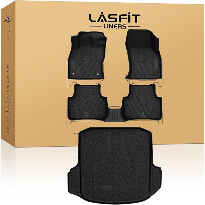 LASFIT Floor Mats & Cargo Mats for Volkswagen Jetta & Jetta GLI 2025 2024 2023 2022 2021 2020 2019, All Weather TPE Custom Fit Floor Liners for VW Jetta 1st & 2nd Row Car Mats & Trunk Mats, Black