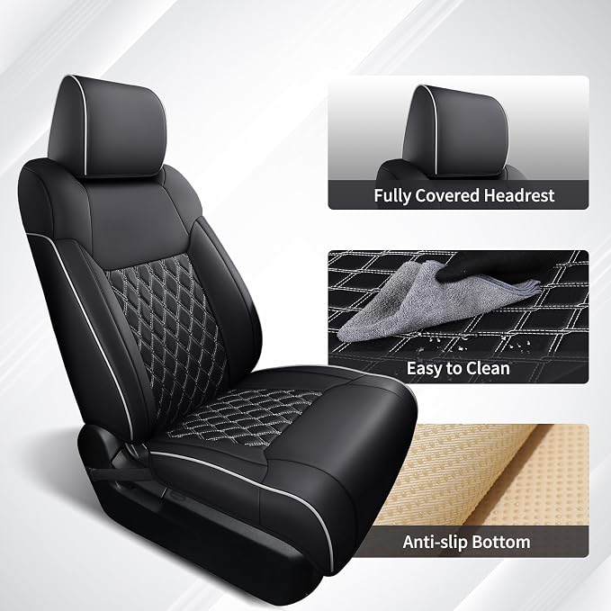 Huidasource Tacoma Front&Back Seat Covers Full Set, Automotive Leather Car Seat Cushion Cover Fit for 2005-2015 Double&Crew Cab 2nd Gen Toyota Tacoma Base SR5 Limited TRD Sport(Full Set/Black&White)