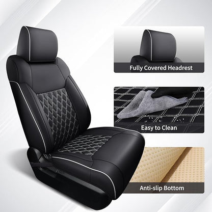 Huidasource Tacoma Front&Back Seat Covers Full Set, Automotive Leather Car Seat Cushion Cover Fit for 2005-2015 Double&Crew Cab 2nd Gen Toyota Tacoma Base SR5 Limited TRD Sport(Full Set/Black&White)