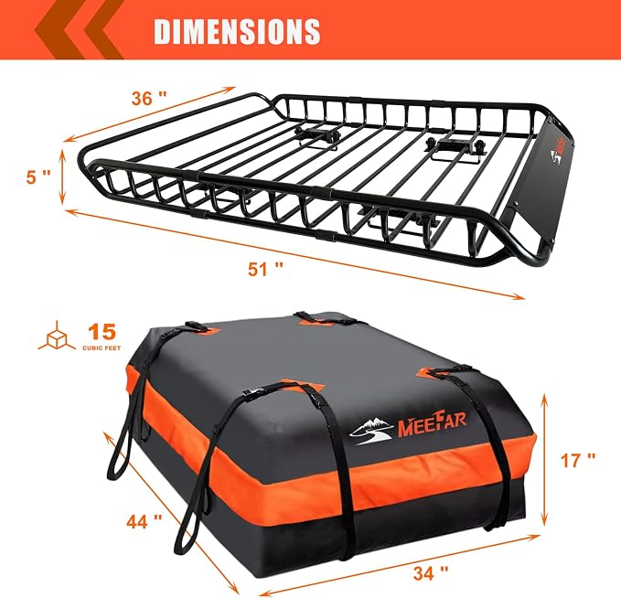 Roof Rack Cargo Carrier Basket 51"*36"*5"+Waterproof Bag 15 Cubic Feet(44"*34"*17"),and Cargo Net with Attachment Hooks,Ratchet Straps.200 Lbs Capacity,Universal Rooftop Large Size Roof Rack