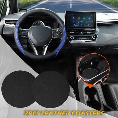 Steering Wheel Cover Blue, Carbon Fiber Car Steering Wheel Covers with Coasters Universal 14.5-15 inch Leather Microfiber Breathable Anti-Slip Steering Wheel Accessories Set