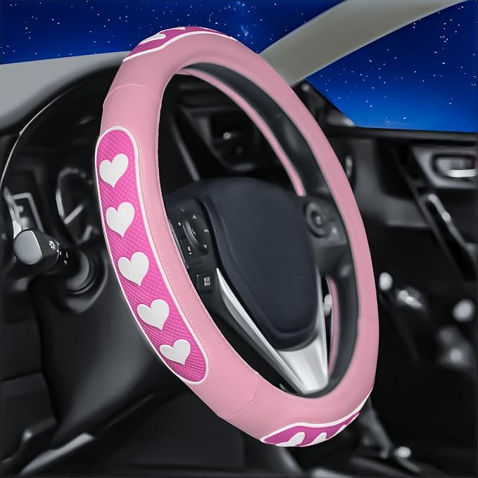 Ventilated Heart-Shaped Steering Wheel Cover with Anti-Slip Leather Grip. Compatible with Ford, Toyota, Honda, Nissan, and Chevrolet Vehicles for 14.5-15.2 inch Round Steering Wheels.