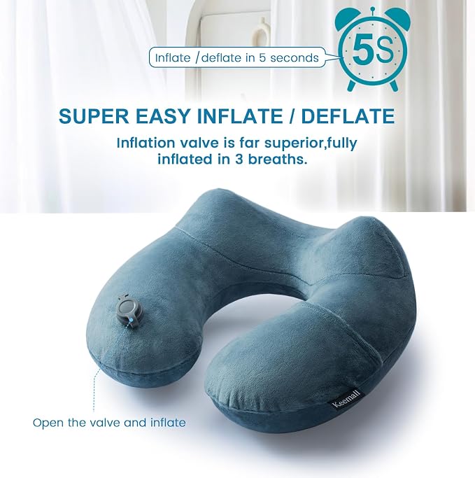 Keemall 2Pack Inflatable Travel Neck Pillow for Airplane Sleeping, Adjustable Blow Up Neck Support Air Pillow Traveling on Plane Long Flights Washable