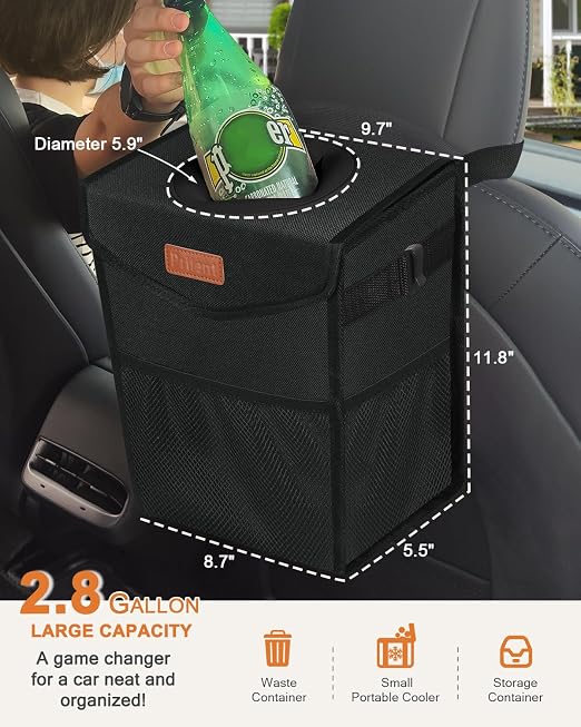 Pritent Car Trash Can with Lid, Cute Leakproof Car Trash Garbage Bag Hanging Vehicle Trash Bin Small Portable Automotive Garbage Cans Organizer for Back/Front Seat/Console(2.8 Gallons,Black)
