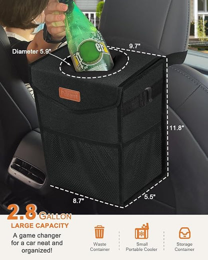 Pritent Car Trash Can with Lid, Cute Leakproof Car Trash Garbage Bag Hanging Vehicle Trash Bin Small Portable Automotive Garbage Cans Organizer for Back/Front Seat/Console(2.8 Gallons,Black)