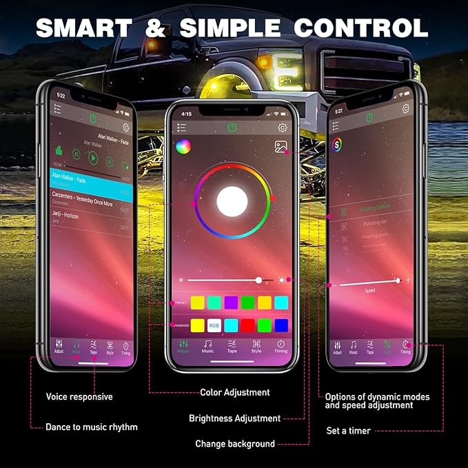 Nilight RGB LED Rock Lights Kit 4 PCS Underglow Multicolor Neon Light Pod with Magnetic Base Bluetooth App Control Flashing Music Mode IP68 Wheel Well Light for Truck ATV UTV RZR SUV
