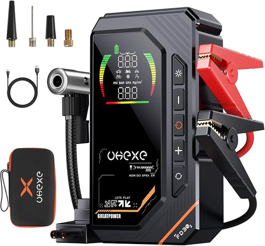 5000A Jump Starter with 160PSI Air Compressor, 88.8Wh Portable Tire Inflator, LED Display for 10.0L Gas and 9.0L Diesel, 12V Portable Jump Box with LED Light (Black)
