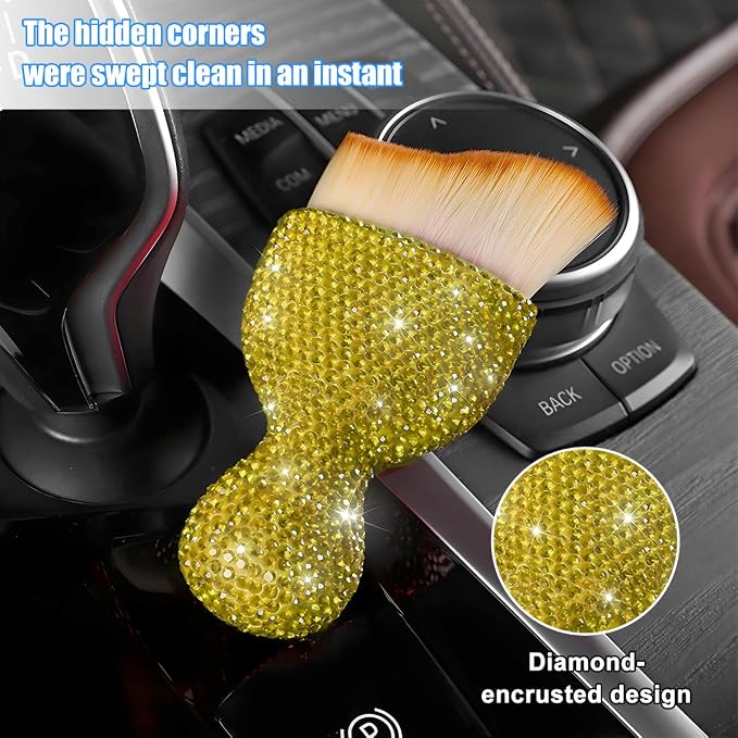 Bling Car Detailing Brush, Crystal Rhinestone Non-Scratch Vehicle Cleaning Dust Brush for Air Vent & Dashboard, Soft Bristles Automotive Interior Cleaning Tool, Universal Fit (Yellow)