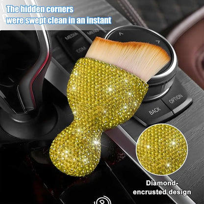 Bling Car Detailing Brush, Crystal Rhinestone Non-Scratch Vehicle Cleaning Dust Brush for Air Vent & Dashboard, Soft Bristles Automotive Interior Cleaning Tool, Universal Fit (Yellow)