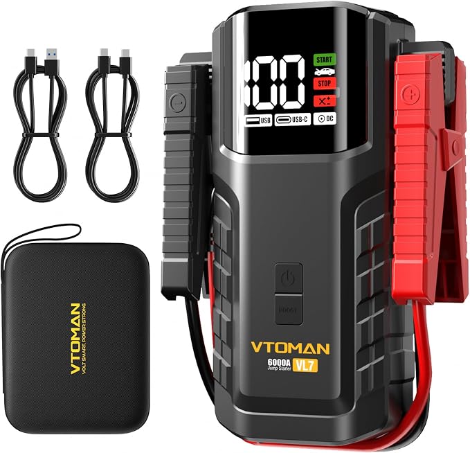 VTOMAN VL7 6000A Jump Starter Upgraded with LiFePO4 Battery,24000mAh Portable Car Battery Booster (All Gas/10L Diesel),12V Jump Box Power Pack with USB-A,Type-C & DC Output,LED Light,EVA Bag