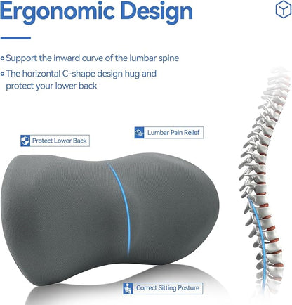 Lumbar Support Pillow for Car with Dual-Grip Stability System - Advanced Adaptive Memory Foam Back Pillow for Lower Back Pain Relief, Ergonomic Driving Seat & Office Chair Cushion, Gray