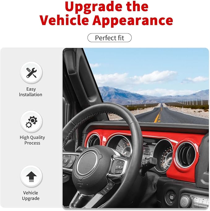 for JL Dashboard Decorative Panel Cover, Center Console Trim Cover Kit Compatible with 2018-2023 Jeep Wrangler JL JLU & Jeep Gladiator JT(Red)