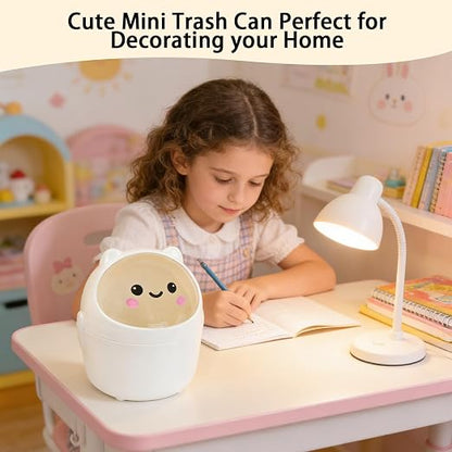 Mini Trash Can, Cute Small Trash Can with Lid, Desktop Paper Bin with 5 Rolls of Bin Liners, Portable Tabletop Dustbin, Cartoon Animal Rubbish Storage for Office Bedroom Desk Kitchen (White)
