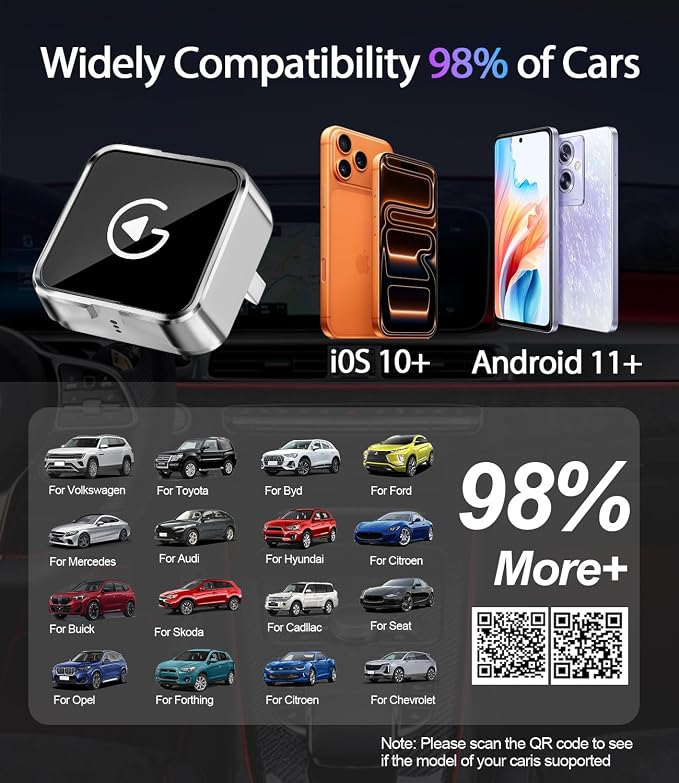 2026 Upgraded Wireless CarPlay Adapter for iPhone & Android Auto, Converts Wired to Wireless Car Play, 3-Second Auto Connect & Stable Zinc Alloy Material, Mini Plug & Play, with USB-A & Type-C