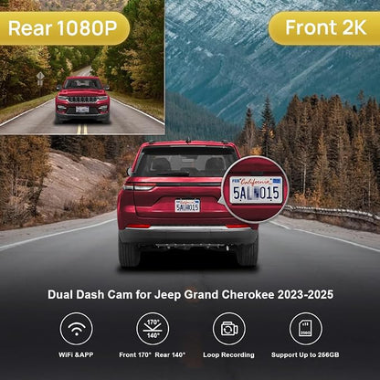 Fitcamx Front 2K+Rear 1080P 4K Dash Cam Adapts for Jeep Grand Cherokee 2023-2025 L 4XE (HD2-0513), OEM Style, Dual HD Video, Built-in WiFi & APP, Loop Recording, G-Sensor, Easy to Set, 64GB Card