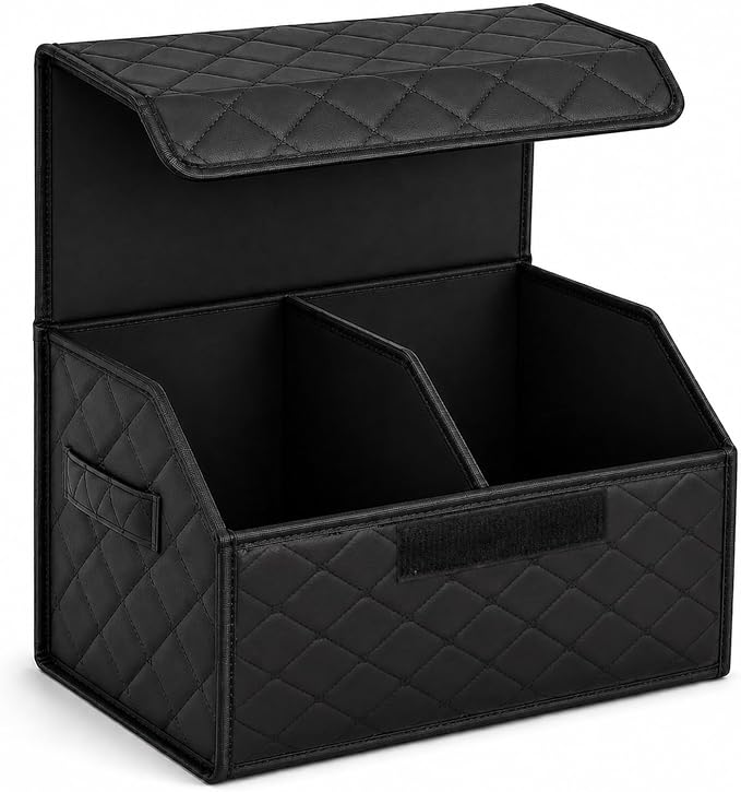 Leather Car Trunk Organizer with Lid,65L Foldable Storage Box for Universal Cars, SUVs, Sedans and MPVs, Removable Divider, Carry Handles, Black