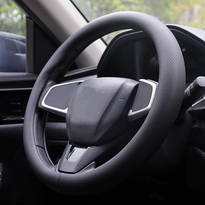 XHRING Car Steering Wheel Cover for Mazda CX5/CX-5 CX50/CX-50 CX3/CX-3 CX30/CX-30 CX9/CX-9 Mazda 3 Mazda 5 Mazda 6 MX-5 Miata CX-7 RX-8 GS GT Sport Touring Accessories, 2026 Black Leather 14 1/2"-15"